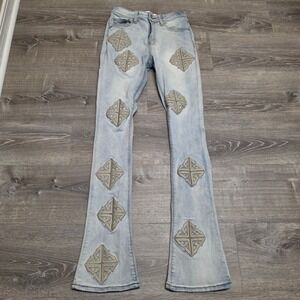 GUAPI Light Wash Flared Cross Patch Denim Jeans Mens 28x36 Streetwear Light Blue